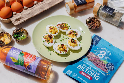Deviled Eggs with Biltong Crumbs and Persimmon Vinegar - Figure Ate Foods